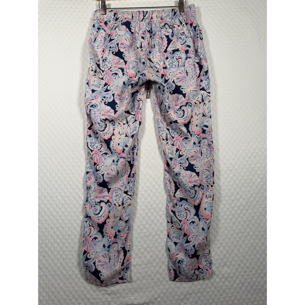 Lilly Pulitzer Women XS Pink Navy Blue Shell Paisley 100% Linen Pull On Pants
